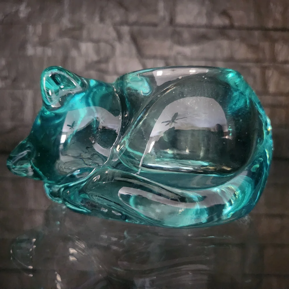Indiana Glass Aqua/Teal Candle Lane Critters Sleeping Cat Candle Holder #3896